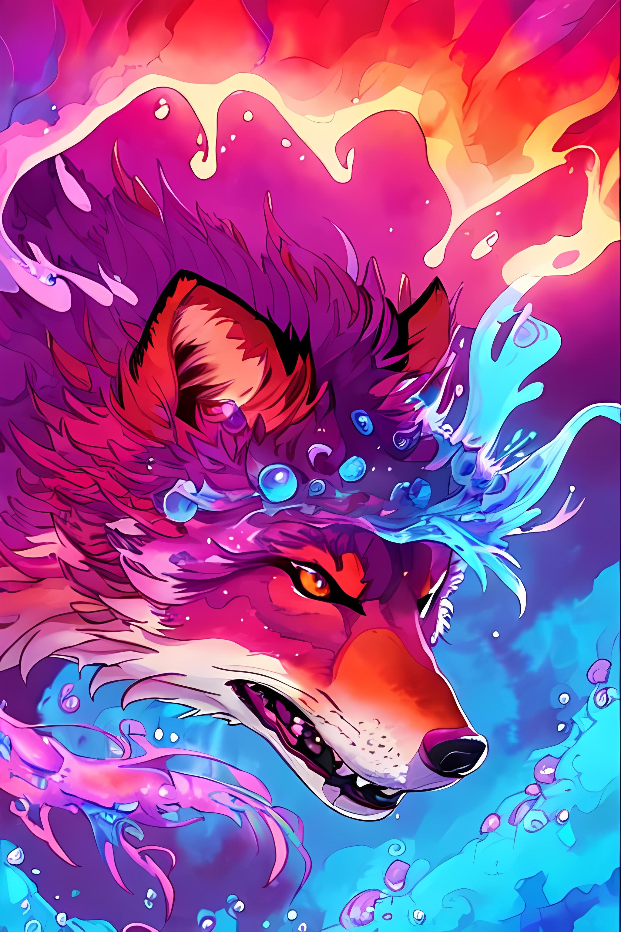 a orange wolf surrounded by water and flames